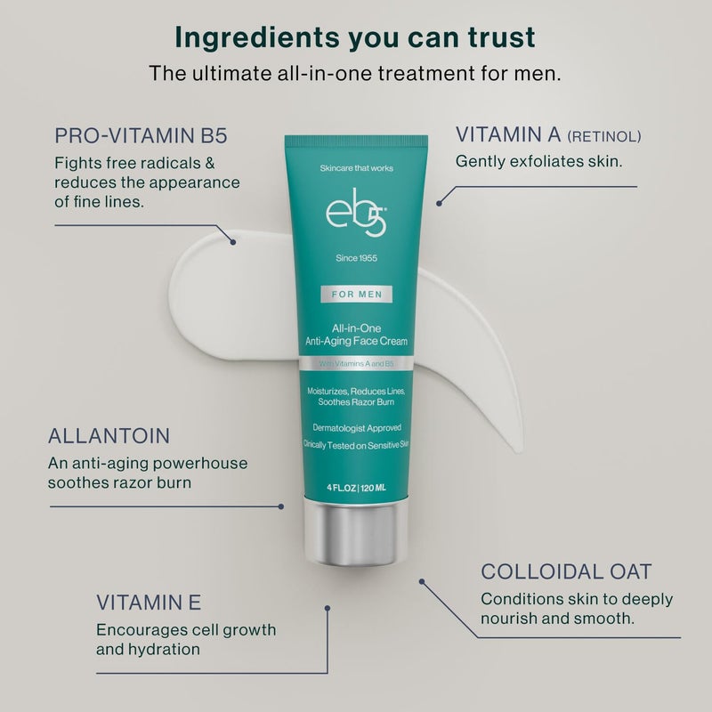 eb5 Menâ€™s All-in-one Anti-Aging Face Cream | Formulated with Retinol, Vitamins E, B5, and A to Moisturize, Reduce Lines and Soothe Razor Burn - 4 Fl Oz - Image 4