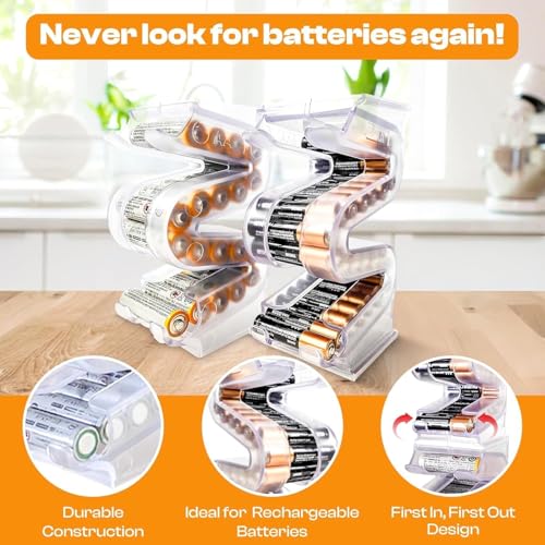 Kalinar Battery Ladder Organizer Case for AA & AAA Batteries - Stackable or Mounted Vertical Storage Battery Dispenser for Home, Garage, & Workshop (2-Pack, Holds 20 AA & 28 AAA Batteries) - Image 2