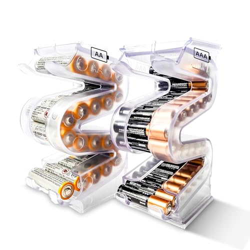 Kalinar Battery Ladder Organizer Case for AA & AAA Batteries - Stackable or Mounted Vertical Storage Battery Dispenser for Home, Garage, & Workshop (2-Pack, Holds 20 AA & 28 AAA Batteries) - Image 1