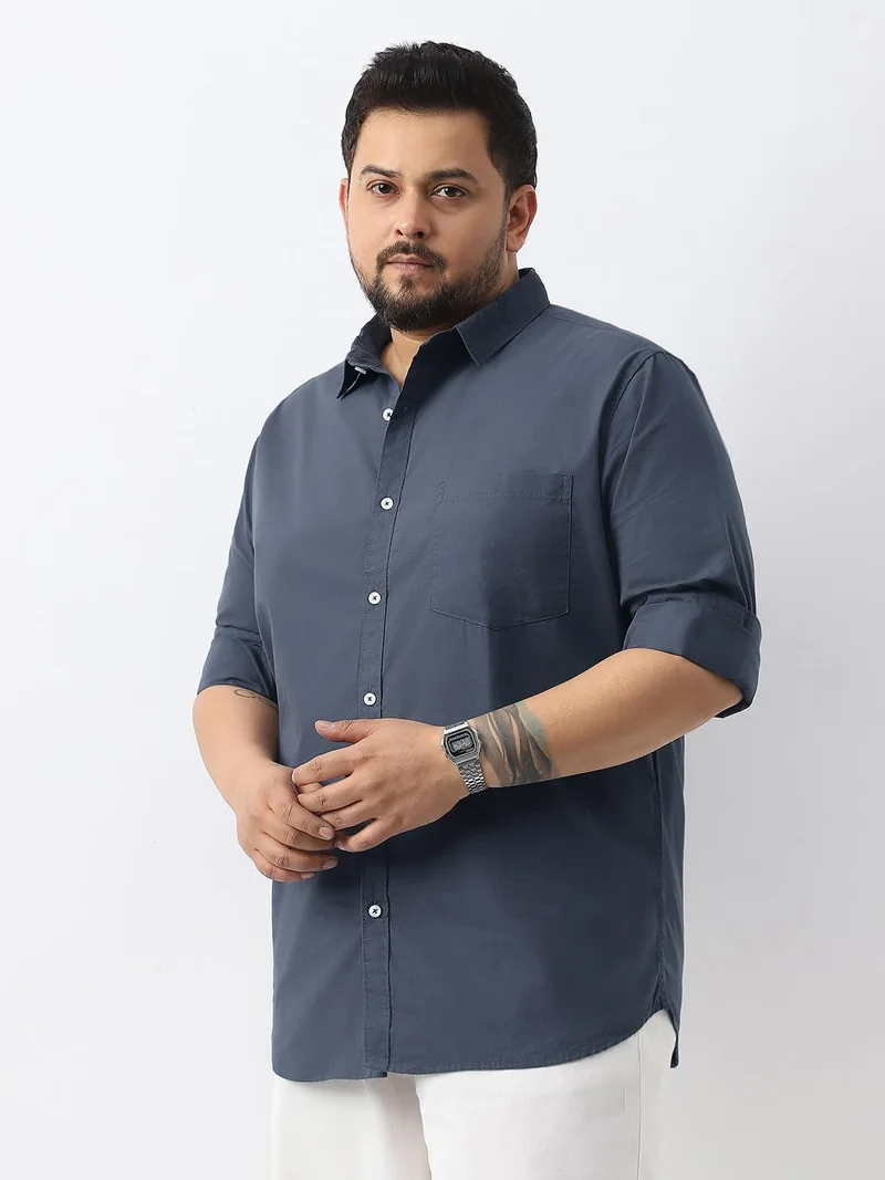 Urbano Plus Men's Slate Blue Cotton Full Sleeve Regular Fit Casual Solid Shirt