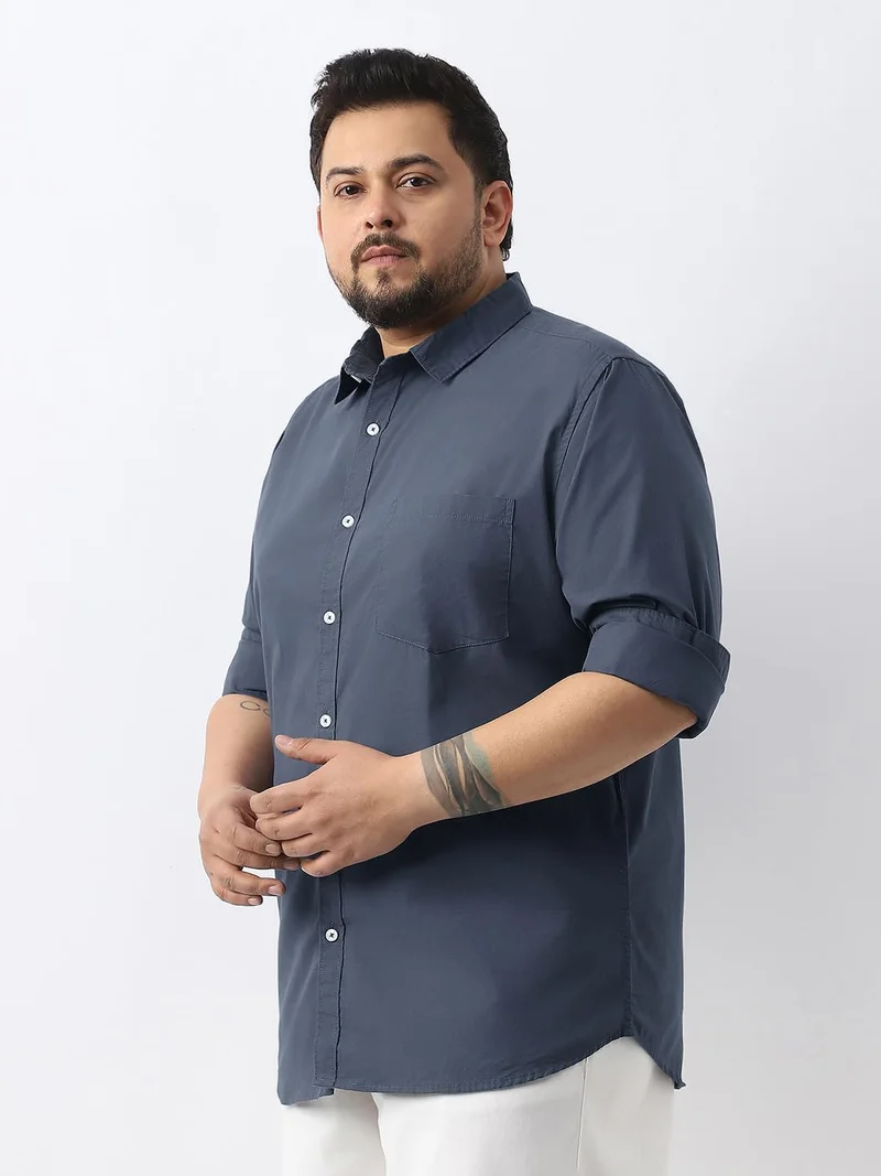 Urbano Fashion  Urbano Plus Men's Slate Blue Cotton Full Sleeve Regular Fit Casual Solid Shirt  | Best Price UAE