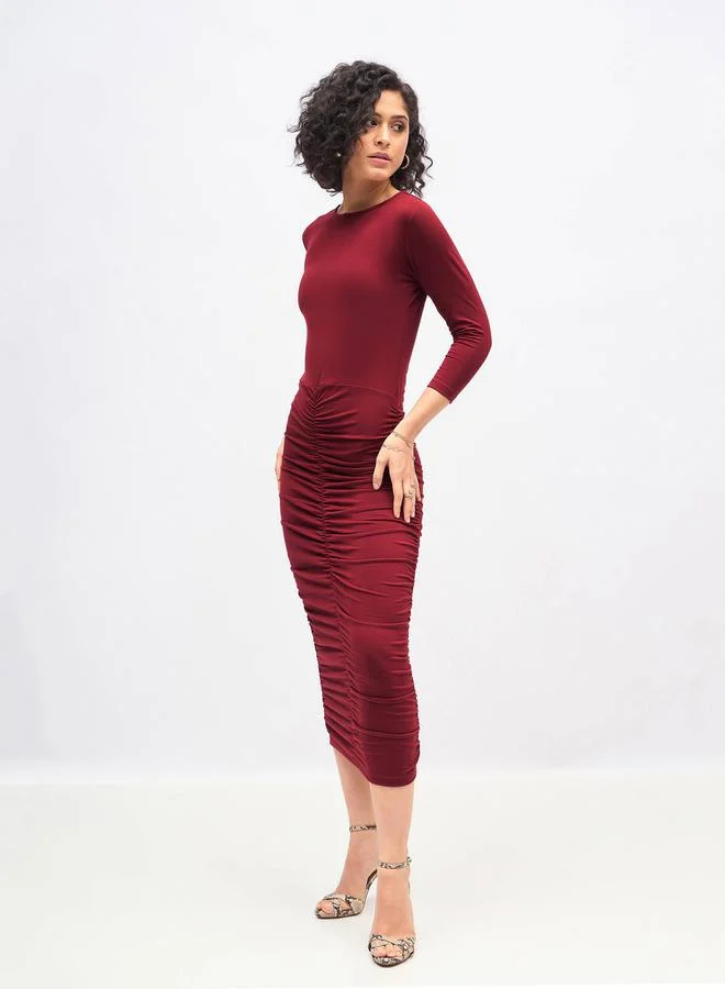 SASSAFRAS Burgundy Ruched Dress
