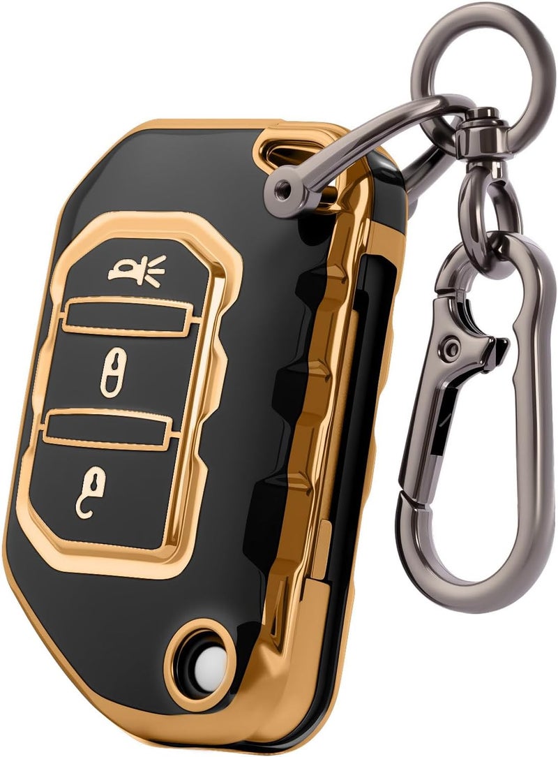 CHATYYD Key Fob Cover for Jeep with Keychain,Soft TPU Key Case for Jeep Wrangler Gladiator Proximity 2018-2024 Car Accessories(Gold-Edged Black) - Image 1