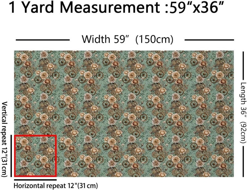 Vintage Steampunk Flannel Fabric By The Yard Soft 3 Yards Elegant Rose Boho Florals Upholstery Fabric Sage Green Botanical DIY Sewing Craft Decor Victorian Aesthetics Indoor Not Stretchy Decor - Image 3