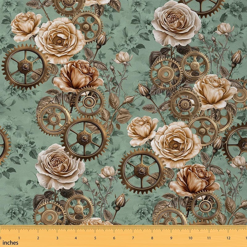 Vintage Steampunk Flannel Fabric By The Yard Soft 3 Yards Elegant Rose Boho Florals Upholstery Fabric Sage Green Botanical DIY Sewing Craft Decor Victorian Aesthetics Indoor Not Stretchy Decor - Image 1