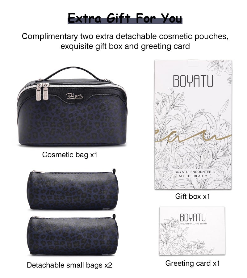 BOYATU Travel Makeup Bag for Women: 3 Pcs Set Portable Make up Bags with Handle - Leopard Print Cosmetic Bags with Comparments - Waterproof Vegan Leather Toiletry Bag (11-Blue) - Image 2