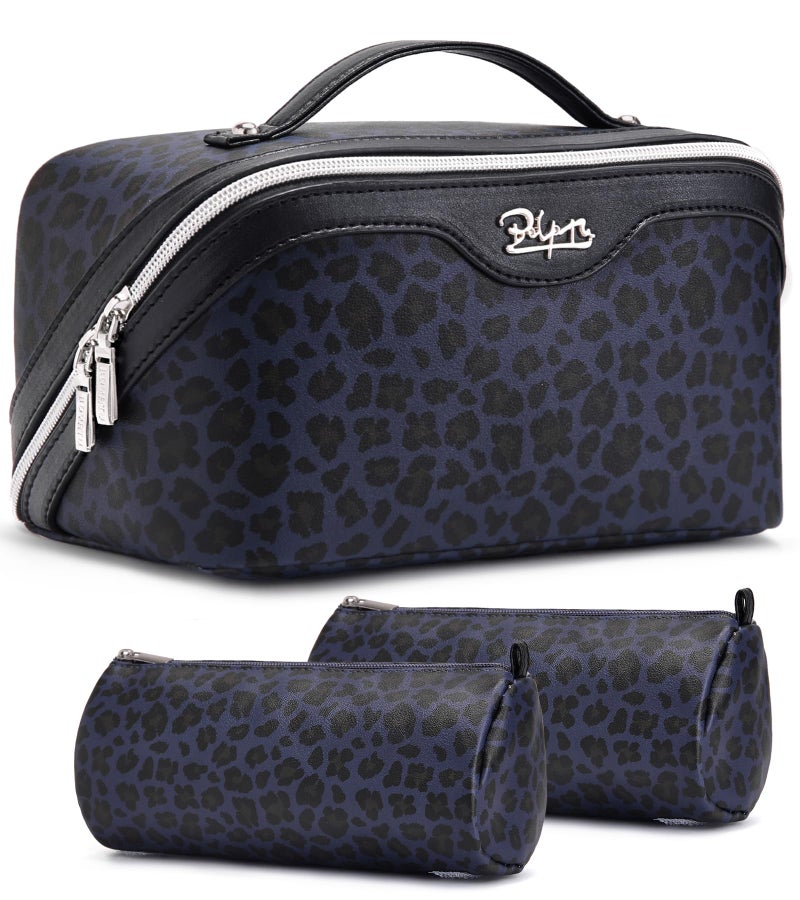 BOYATU Travel Makeup Bag for Women: 3 Pcs Set Portable Make up Bags with Handle - Leopard Print Cosmetic Bags with Comparments - Waterproof Vegan Leather Toiletry Bag (11-Blue) - Image 1