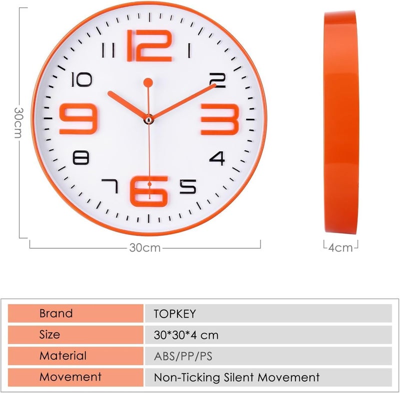 TEKCOOL ساعة حائط 12" كوارتز صامتة زخرفية أحدث ساعة حائط غير مزعجة ساعة كلاسيكية تعمل بالبطارية دائرية سهلة القراءة للغرفة/المنزل/المطبخ/غرفة النوم/المكتب/المدرسة - تناظرية، بلاستيك برتقالي أبيض - Image 5