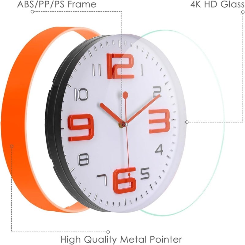 TEKCOOL ساعة حائط 12" كوارتز صامتة زخرفية أحدث ساعة حائط غير مزعجة ساعة كلاسيكية تعمل بالبطارية دائرية سهلة القراءة للغرفة/المنزل/المطبخ/غرفة النوم/المكتب/المدرسة - تناظرية، بلاستيك برتقالي أبيض - Image 3
