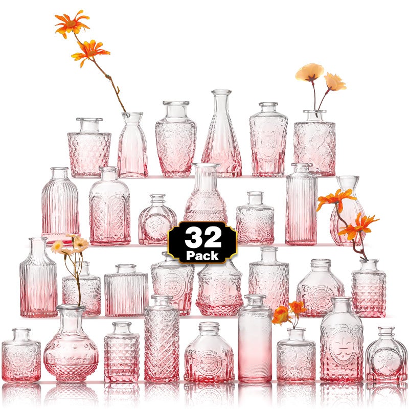 Arme Bud Vase Set of 32 Pink Vases in Bulk Bud Vase for Flower Small Glass Vases for Wedding Centerpieces Vintage Cute Mini Flower Vase Home Table Flower Decor