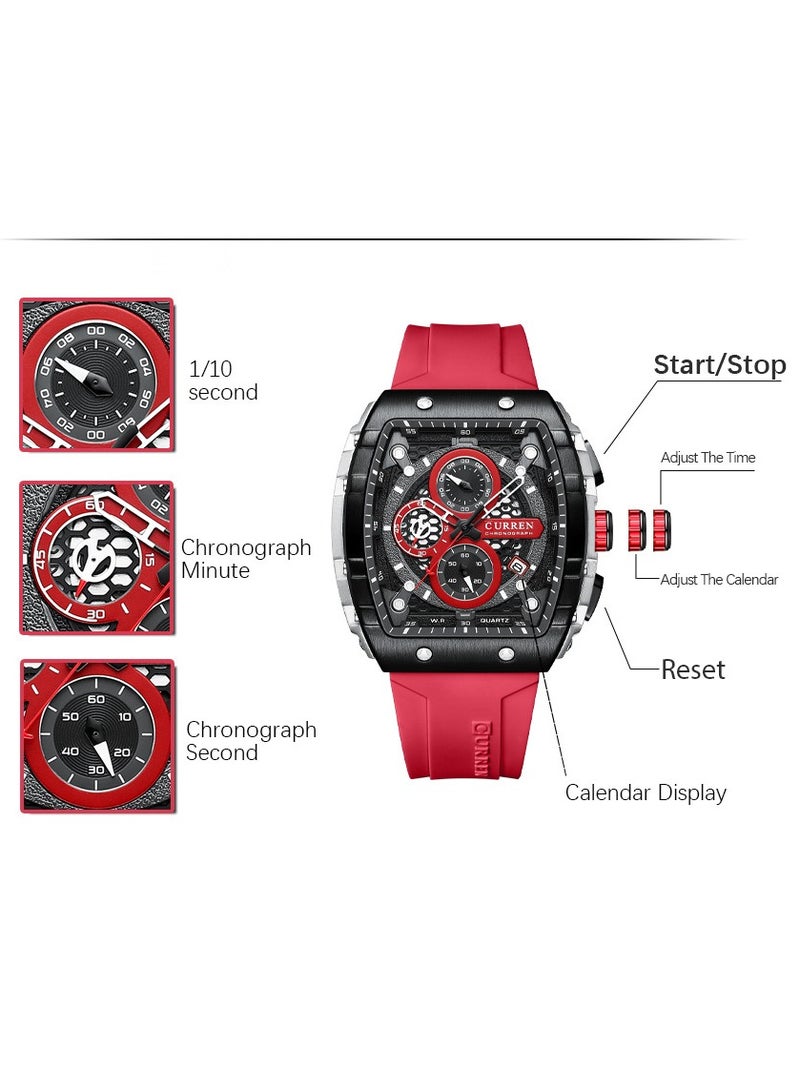 CURREN Men's Waterproof Quartz Watch, Luminous Markers, Silicone Strap, 8442 Red - Image 2
