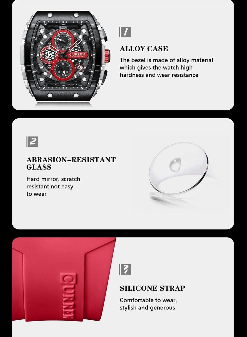 CURREN Men's Waterproof Quartz Watch, Luminous Markers, Silicone Strap, 8442 Red - Image 3