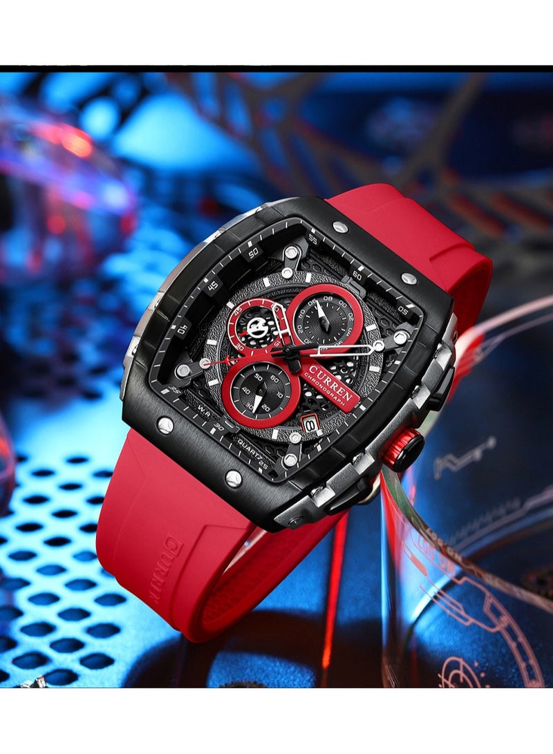 CURREN Men's Waterproof Quartz Watch, Luminous Markers, Silicone Strap, 8442 Red - Image 5