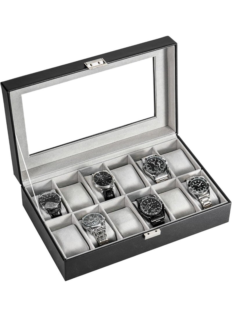 سوفام منظّم صندوق المراقبة للرجال، 12 ساعة فتحة عرض قضايا مراقبة الرجال له، PU جلد الرجال مراقبة صندوق ساعة حامل صندوق تخزين مع أعلى زجاجي -12 فتحة، أسود - Image 1