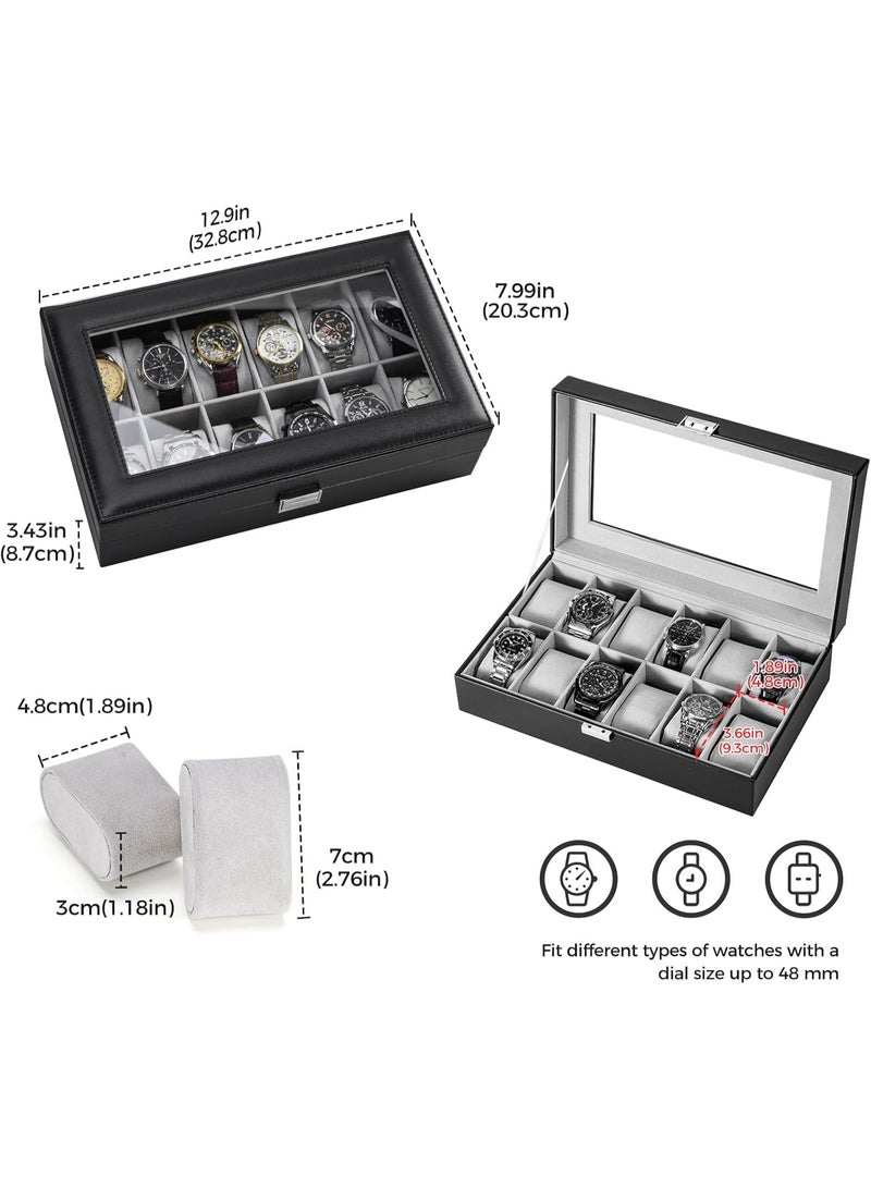 سوفام منظّم صندوق المراقبة للرجال، 12 ساعة فتحة عرض قضايا مراقبة الرجال له، PU جلد الرجال مراقبة صندوق ساعة حامل صندوق تخزين مع أعلى زجاجي -12 فتحة، أسود - Image 4