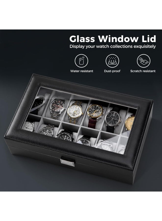 سوفام منظّم صندوق المراقبة للرجال، 12 ساعة فتحة عرض قضايا مراقبة الرجال له، PU جلد الرجال مراقبة صندوق ساعة حامل صندوق تخزين مع أعلى زجاجي -12 فتحة، أسود - Image 3