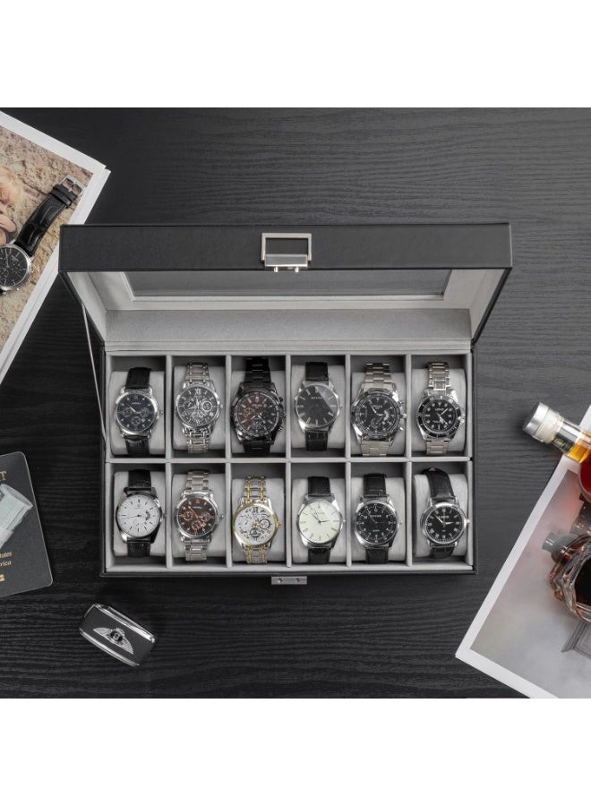 سوفام منظّم صندوق المراقبة للرجال، 12 ساعة فتحة عرض قضايا مراقبة الرجال له، PU جلد الرجال مراقبة صندوق ساعة حامل صندوق تخزين مع أعلى زجاجي -12 فتحة، أسود - Image 2