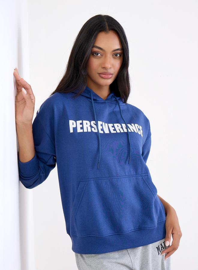 Styli Navy Blue Slogan Print Regular Fit Hoodie - Image 4