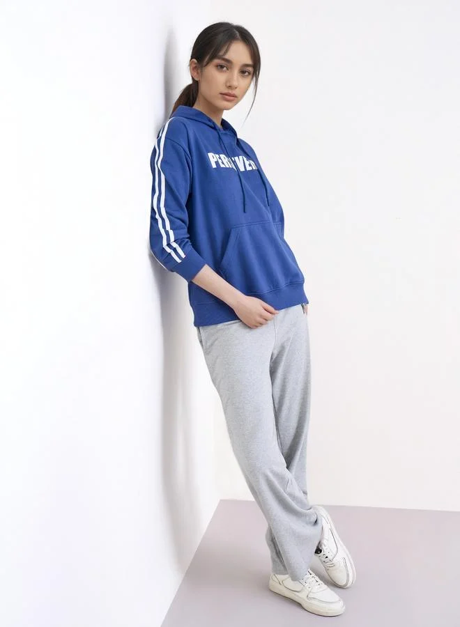 Styli Navy Blue Slogan Print Regular Fit Hoodie