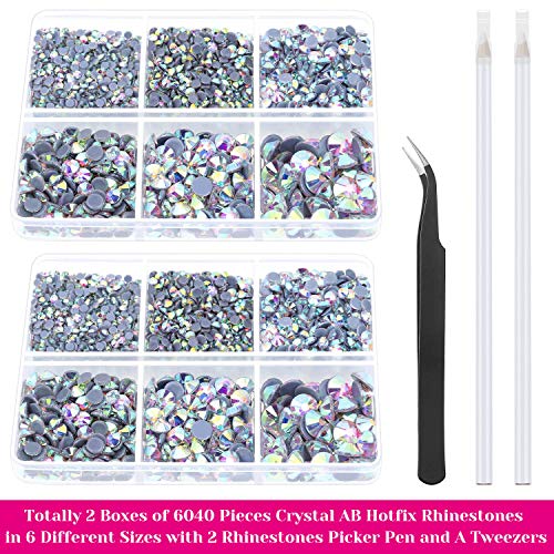 cridoz Hotfix Rhinestones, Cridoz 6040Pcs Hot Fix Rhinestones Crystal AB Stud with Tweezers and Rhinestone Picker Tool Pens for Bedazzler Crafts on Fabric, Clothes, Shoes and Jeans - Image 2