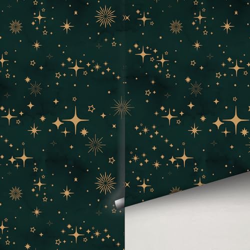 Buiory Large Eden Green Starry Sky Wallpaper - 38.6x480.6cm Removable Space Theme Wall Mural with Yellow Stars & Meteors, DIY Peel & Stick Wallpaper for Bedroom, Living Room, Nursery, Decor (205) - Image 1