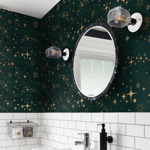 Buiory Large Eden Green Starry Sky Wallpaper - 38.6x480.6cm Removable Space Theme Wall Mural with Yellow Stars & Meteors, DIY Peel & Stick Wallpaper for Bedroom, Living Room, Nursery, Decor (205) - Image 5