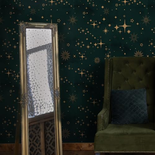 Buiory Large Eden Green Starry Sky Wallpaper - 38.6x480.6cm Removable Space Theme Wall Mural with Yellow Stars & Meteors, DIY Peel & Stick Wallpaper for Bedroom, Living Room, Nursery, Decor (205) - Image 4