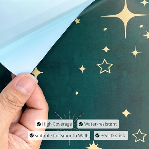 Buiory Large Eden Green Starry Sky Wallpaper - 38.6x480.6cm Removable Space Theme Wall Mural with Yellow Stars & Meteors, DIY Peel & Stick Wallpaper for Bedroom, Living Room, Nursery, Decor (205) - Image 3