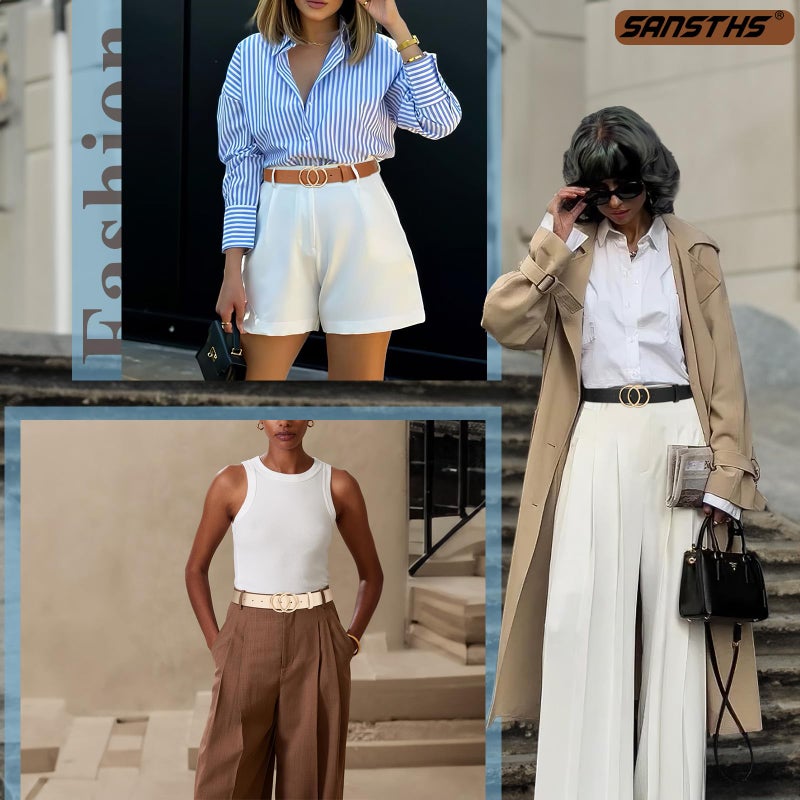 SANSTHS 3 Pack Women Waist Belts for Jeans Pants Dresses, Ladies Belt with Double O-Ring Gold Buckle, Black+Brown+Beige L - Image 4