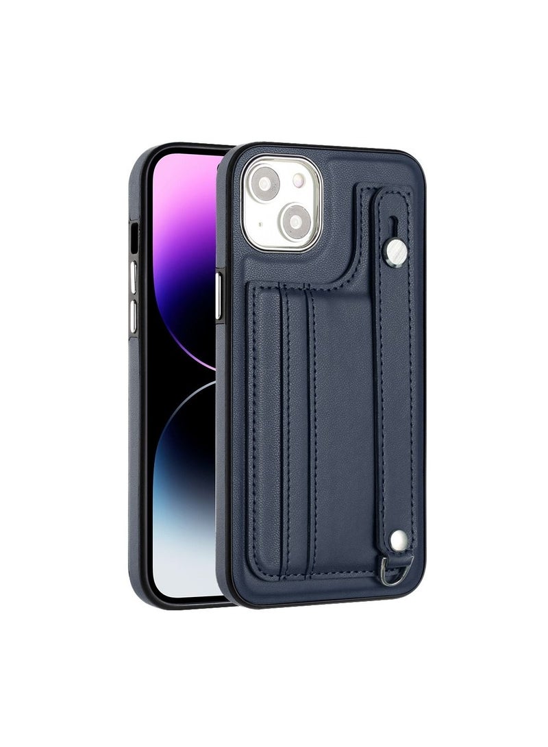 vesus For iPhone 15 Shockproof Leather Phone Case with Wrist Strap Blue - Image 2