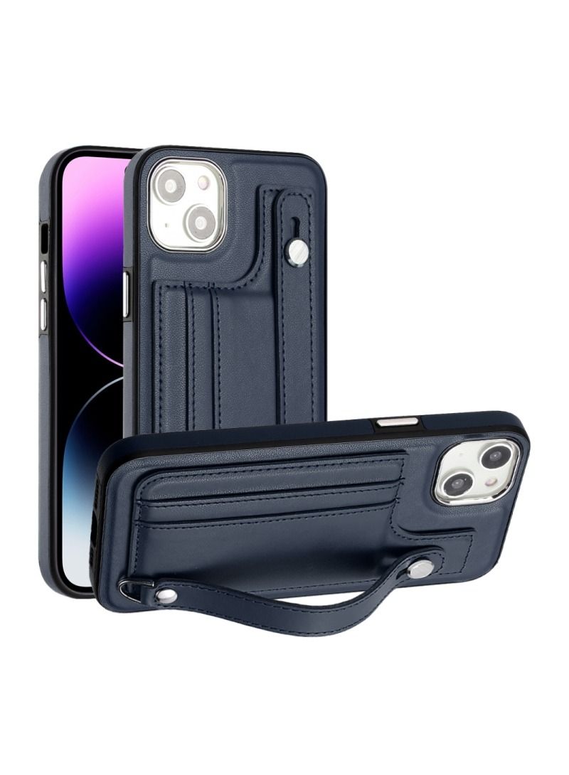 vesus For iPhone 15 Shockproof Leather Phone Case with Wrist Strap Blue - Image 1