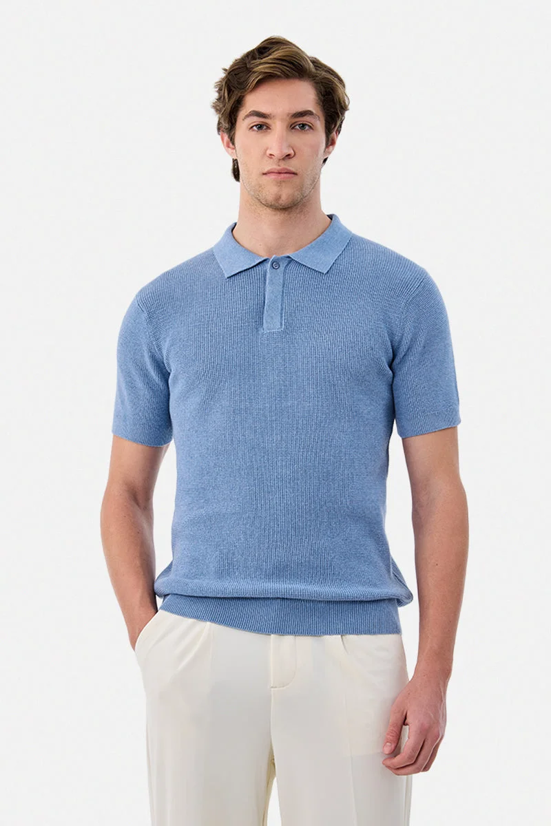 Snitch Blue Regular Fit 100% Cotton Polo Textured T-Shirt for Men | Best Price UAE