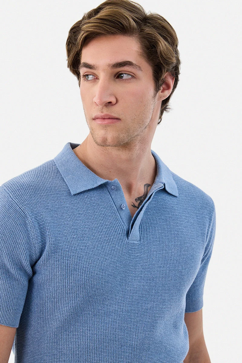 Snitch Blue Regular Fit 100% Cotton Polo Textured T-Shirt for Men | Best Price UAE