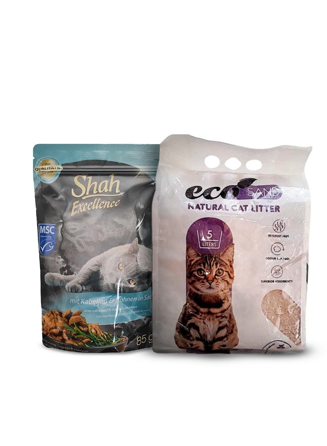 شاه طعام القطط الرطب شاه بسمك القد والفاصوليا في صوص 85 جم + رمل القطط إيكو ساند برائحة اللافندر 5 لتر – باقة مميزة