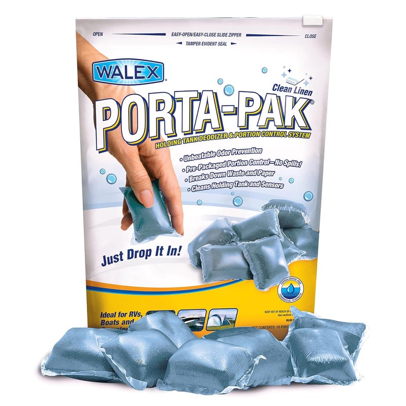 Walex PortaPak Black Holding Tank Deodorizer  Portion Control System DropIns  Rapid Breakdown of Waste  Paper Odor Prevention Cleans Tank  Sensors  Clean Linen 10Pack - Image 1