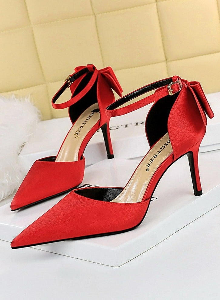 BIGTREE Women's Closed Pointed Toe 8 CM High Heels with Bow Knot Ankle Strap Satin Stiletto Pumps Red