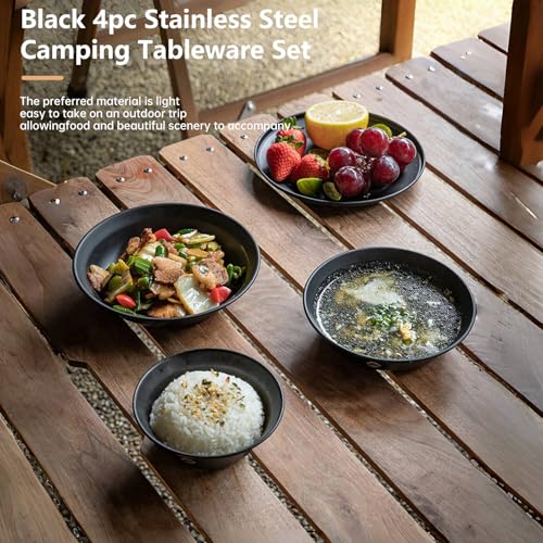 camping moon Campingmoon Camping Plates Stainless Steel Camping Dishes Bowls and Plates 4psc Set with Storage Bag Black - Image 3