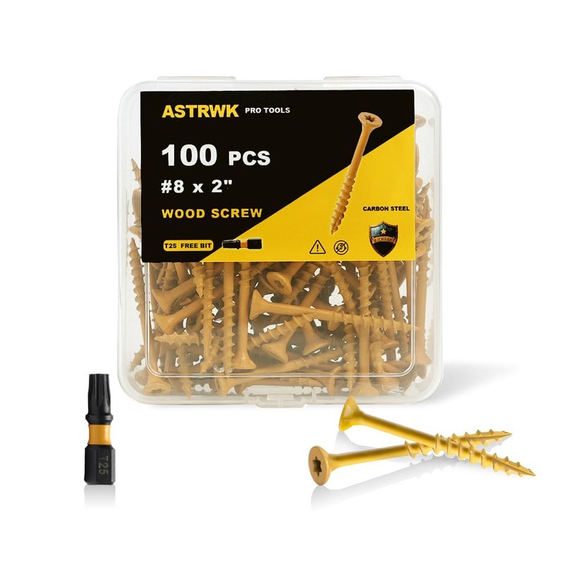 ASTRWK Wood Screws 2 inch,Deck Screws #8×2 inch,100 Pcs,Rust Resistant Epoxy Coated,T25 Torx Bits Included,Tan - Image 1