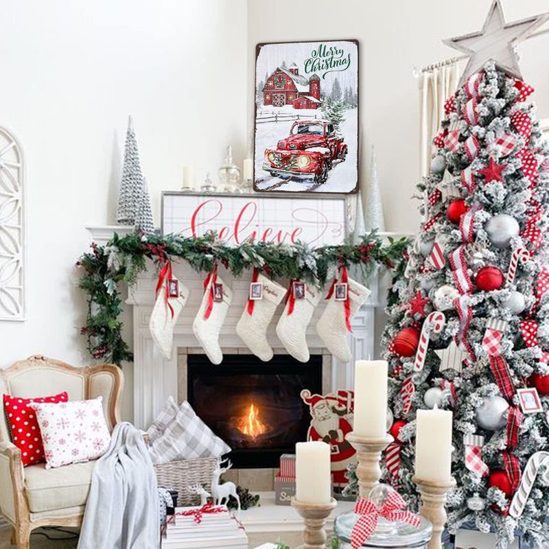 sebiuo Merry Christmas Metal Tin Sign Vintage Christmas Red Truck Wall Sign Retro Christmas Tree Metal Plaque Sign Decorations Christmas Gift For Home Decor 8x12 Inch - Image 2