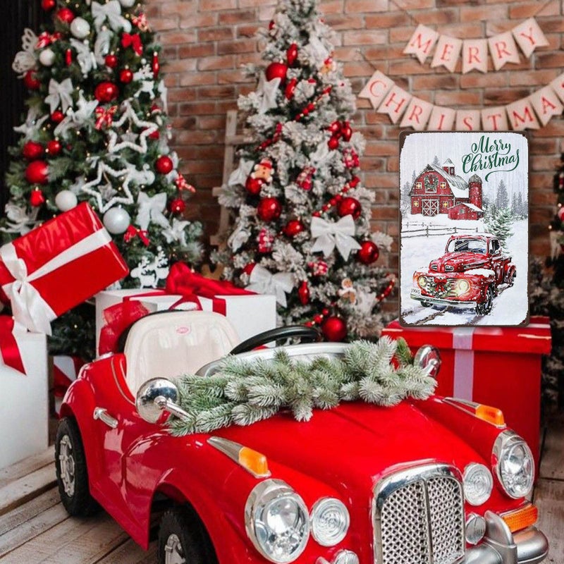 sebiuo Merry Christmas Metal Tin Sign Vintage Christmas Red Truck Wall Sign Retro Christmas Tree Metal Plaque Sign Decorations Christmas Gift For Home Decor 8x12 Inch - Image 5