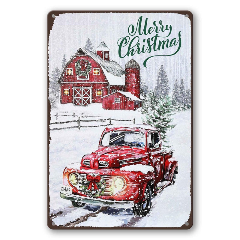 sebiuo Merry Christmas Metal Tin Sign Vintage Christmas Red Truck Wall Sign Retro Christmas Tree Metal Plaque Sign Decorations Christmas Gift For Home Decor 8x12 Inch - Image 1