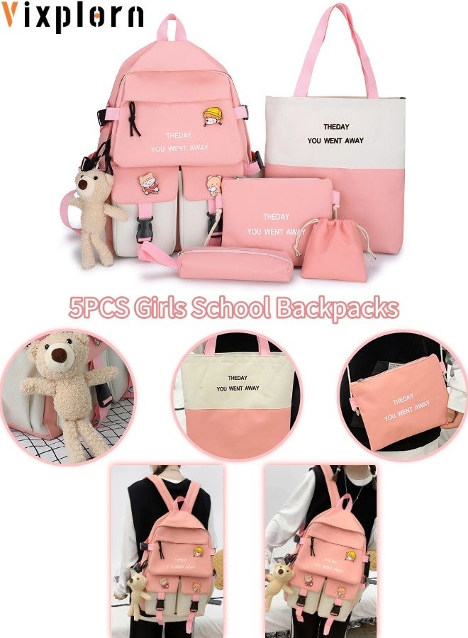 Vixplorn Kids Backpack  Student Fashion Casual Backpack Cute Canvas Bag School Rucksack Campus Backpack Set 5pcs (Pink) Free Bear Dolls - Image 1