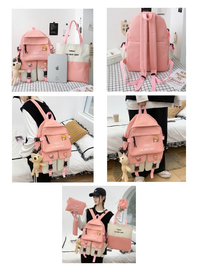 Vixplorn Kids Backpack  Student Fashion Casual Backpack Cute Canvas Bag School Rucksack Campus Backpack Set 5pcs (Pink) Free Bear Dolls - Image 5
