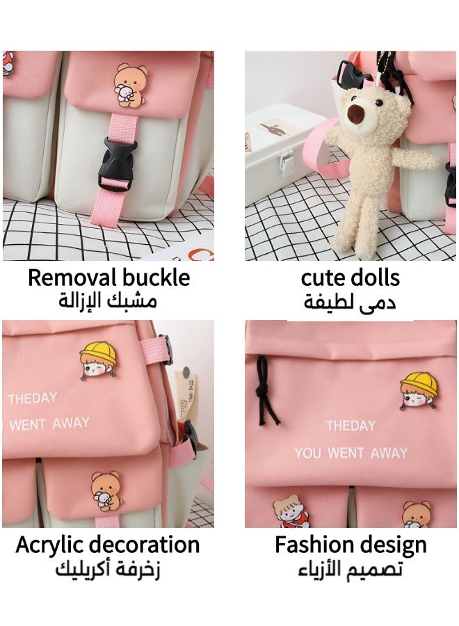 Vixplorn Kids Backpack  Student Fashion Casual Backpack Cute Canvas Bag School Rucksack Campus Backpack Set 5pcs (Pink) Free Bear Dolls - Image 4
