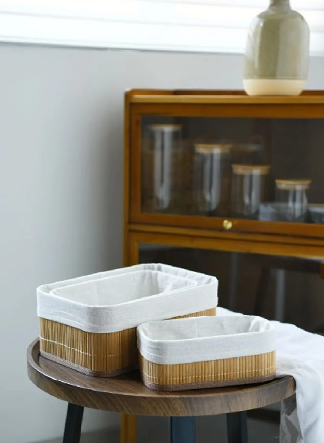 HoneyBee 3-Piece Rectangular Shape Bamboo Storage Basket Set with Liner Brown and White 12 x 20 x 30 cm 2377