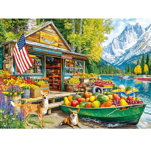 Nitktaia 300 Piece Puzzles for AdultsCountry Store Puzzles for Adults Children SeniorsLarge Piece Dog Deer Fruit Puzzle for Kids Ages 810 1012Fun Challenging Landscape Family Puzzle Game Nights20515in - Image 1
