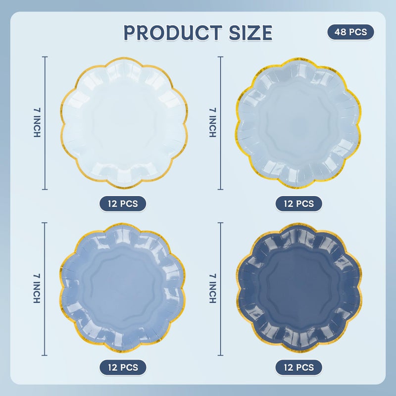 AimFun 48 Pcs Dusty Blue Party Plates Gradient Blue Dessert Paper Plates 7inch Gold Foil Scalloped Edge Disposable Cake Plates for Tea Party Birthday Bridal Baby Shower Wedding Party Supplies - Image 2