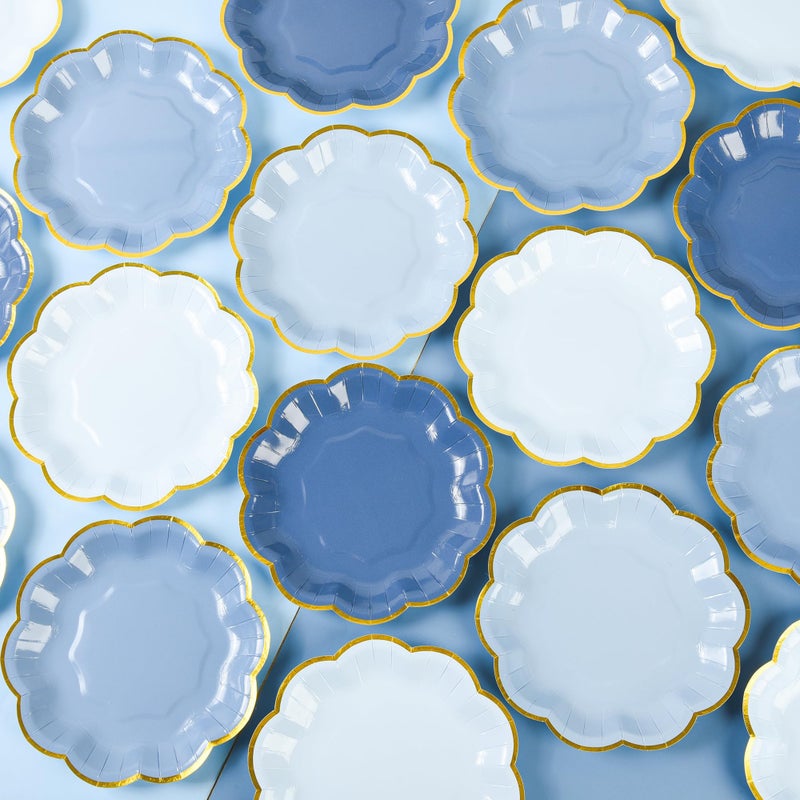 AimFun 48 Pcs Dusty Blue Party Plates Gradient Blue Dessert Paper Plates 7inch Gold Foil Scalloped Edge Disposable Cake Plates for Tea Party Birthday Bridal Baby Shower Wedding Party Supplies - Image 4