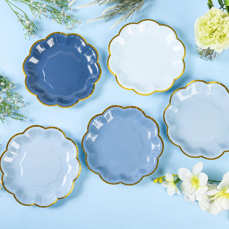 AimFun 48 Pcs Dusty Blue Party Plates Gradient Blue Dessert Paper Plates 7inch Gold Foil Scalloped Edge Disposable Cake Plates for Tea Party Birthday Bridal Baby Shower Wedding Party Supplies - Image 3