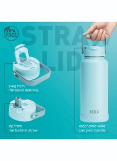 BEOLA 950ml Water Bottle 18/8 Stainless Steel 304 Double Wall Insulated Thermos Bottle with Straw Lid and wide mouth, 2 lids included, Hot Cold Liquids Sports Bottle bella, 32oz (Sage Mist)  - Image 3